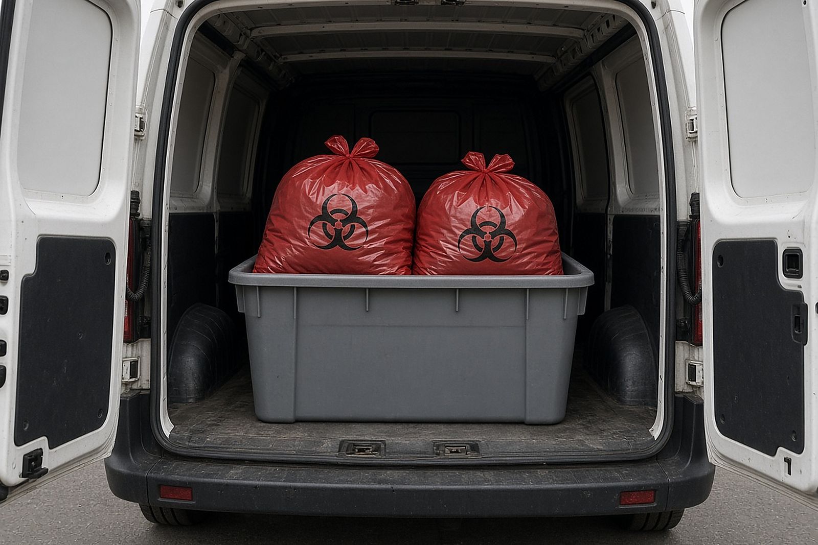 Two tied red biohazard bags in a gray tub in the back of a white van