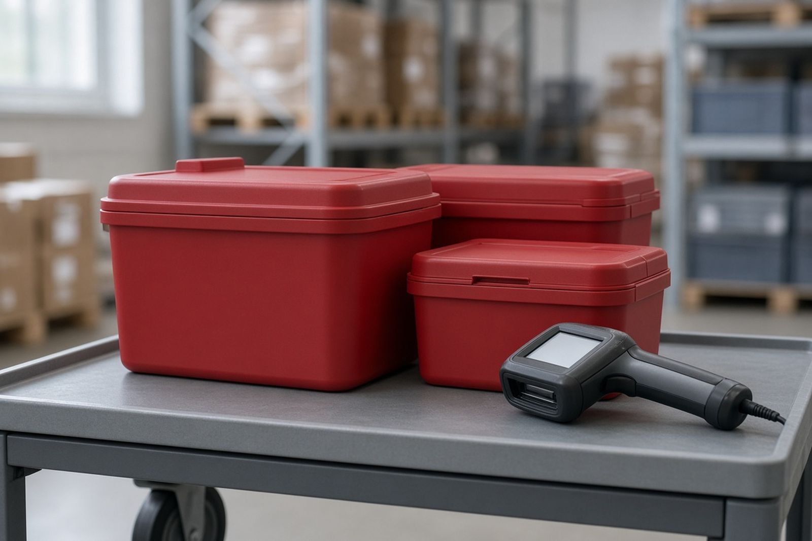 Red reusable waste containers and a handheld scanner on a cart in a warehouse